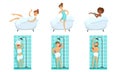 Young Men and Women Taking Shower and Bath in Bathtub in Bathroom Set Vector Illustration Royalty Free Stock Photo