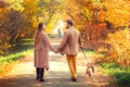 Young couple walk in the autumn park