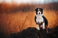 Young merle Australian shepherd playing with leaves in autumn Royalty Free Stock Photo