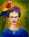 Young mexican woman and ara parrot portrait, oil painting