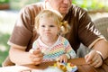 Young middle-aged father feeding cute little toddler girl in restaurant. Adorable baby child learning eating from spoon Royalty Free Stock Photo