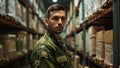 Young military service member standing in a storeroom. The concept of individuality and professionalism in the armed forces.