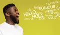 Young millennial afro man saying hello in many languages
