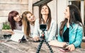 Young millennial women having fun on streaming platform through digital action web cam - Influencer marketing concept Royalty Free Stock Photo