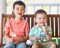 Young Mixed Race Chinese and Caucasian Brothers Enjoying Their Ice Cream Cones