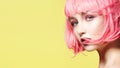 Young Model in Pink Wig. Beautiful Model with Fashion Makeup. Bright Spring Look. Sexy Hair Color, Medium Hairstyle Royalty Free Stock Photo