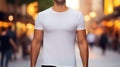 Young model shirt mockup, boy wearing white t-shirt on street in daylight. Shirt mockup template on hipster adult for design print