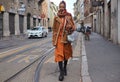 MILAN, Italy: 24 February 2019: Young model street style outfit