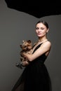 Young model woman with make up, hairstyle wearing in fashionable blak dress keeps a Yorkshire terrier on her hands over