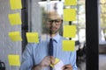 Young modern business man using adhesive notes while standing behind the glass wall in the office Royalty Free Stock Photo