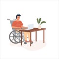 Young modern disabled man in wheelchair working at computer in comfortable office. Concept of diverse people employment Royalty Free Stock Photo