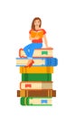 Young girl student sits on stack of giant books