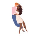 Young modern heterosexual man and woman hugging and demonstrating sexual attraction and desire. Interracial couple in