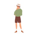 Young modern man in trendy casual clothes. Teenager wearing fashion panama hat, hoody and shorts. Summer outfit. Colored