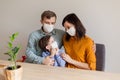 Young modern quarantined coronavirus family in medical masks