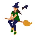 Young modern witch on broomstick and bat Halloween card Cartoon vector illustration on white background Royalty Free Stock Photo