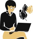 Young modern woman uses a laptop for work and communication. Logo