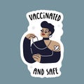 Young modern woman vaccinated from covid in a black evening dress. Kiss me - I'm vaccinated. Vector fully editable