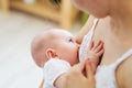 Young mom breast feeding her newborn child. Lactation infant concept. Mother feed her baby son or daughter with breast milk Royalty Free Stock Photo