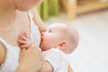 Young mom breast feeding her newborn child. Lactation infant concept. Mother feed her baby son or daughter with breast Royalty Free Stock Photo