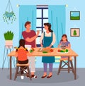 Young mom and dad cooking with daughters at kitchen, people sitting, standing near kitchen table Royalty Free Stock Photo