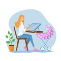 Young mom freelancer works on a graphics tablet and babysit a baby in a pram. Woman designer draws. Concept of work from Royalty Free Stock Photo