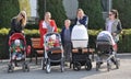 Young moms walking with children in strollers