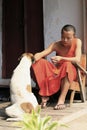 A young monk feeding a stray dog