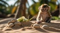 Adorable Baby Monkey Playing on Tropical Beach Royalty Free Stock Photo