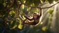 Cute Baby Monkey Hanging on a Branch, Sunlight Filtering Through Leaves. Royalty Free Stock Photo