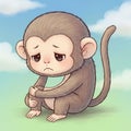 Sad Young Monkey Sitting on Grass in Bright Sky Background Royalty Free Stock Photo