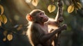 Young Monkey Climbs a Tree Branch in a Forest at golden hour. Royalty Free Stock Photo