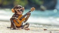 Young monkey playing ukulele on sunny beach Royalty Free Stock Photo