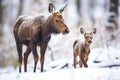 young moose calf following mother in snow Royalty Free Stock Photo