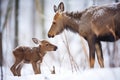 young moose calf following mother in snow Royalty Free Stock Photo