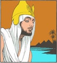 Young Moses near nile and pyramids. Line art illustration, vector