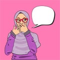 Young moslem woman wearing hijab and glasses covering her opened mouth with both hands. Shocked expression. Comic style. Pop art . Royalty Free Stock Photo