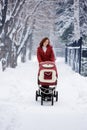 Young mother with baby carriage Royalty Free Stock Photo