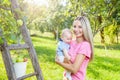 Young mother with baby picking apples from an apple tree Royalty Free Stock Photo