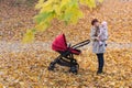 Young mother with baby Stroller walking in autumn Park. Mother holding baby Royalty Free Stock Photo