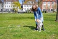 A young mother with a child walks on the grass Royalty Free Stock Photo