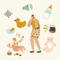 Young Mother Cover Ears Suffer of Baby Scream. Little Child Sit on Floor with Toys around Capricious, Yelling and Crying Royalty Free Stock Photo