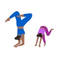 Young mother and daughter doing headstand yoga exercise together. Vector illustration in cartoon style.