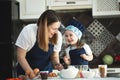 Young mother and daughter in the kitchen preparing cupcakes and smiling, laughing