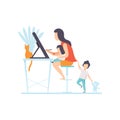 Young Mother Drawing Sketch on Tablet Screen, Woman Working at Home, Freelancer, Parent Working with Her Two Little