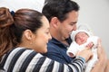 Young mother and father with their newborn baby girl at the hospital on the day of her birth. Family concept. Parenthood concept Royalty Free Stock Photo