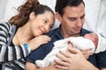 Young mother and father with their newborn baby girl at the hospital on the day of her birth. Family concept. Parenthood concept Royalty Free Stock Photo