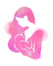 Young mother feeding breast milk her baby silhouette on watercolor background. Happy mother`s day. Mom and child Health. Digital Royalty Free Stock Photo