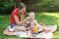 Young mother feeding her baby boy on picnic at park Royalty Free Stock Photo