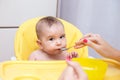 Mother feeding her baby son with fruit puree Royalty Free Stock Photo